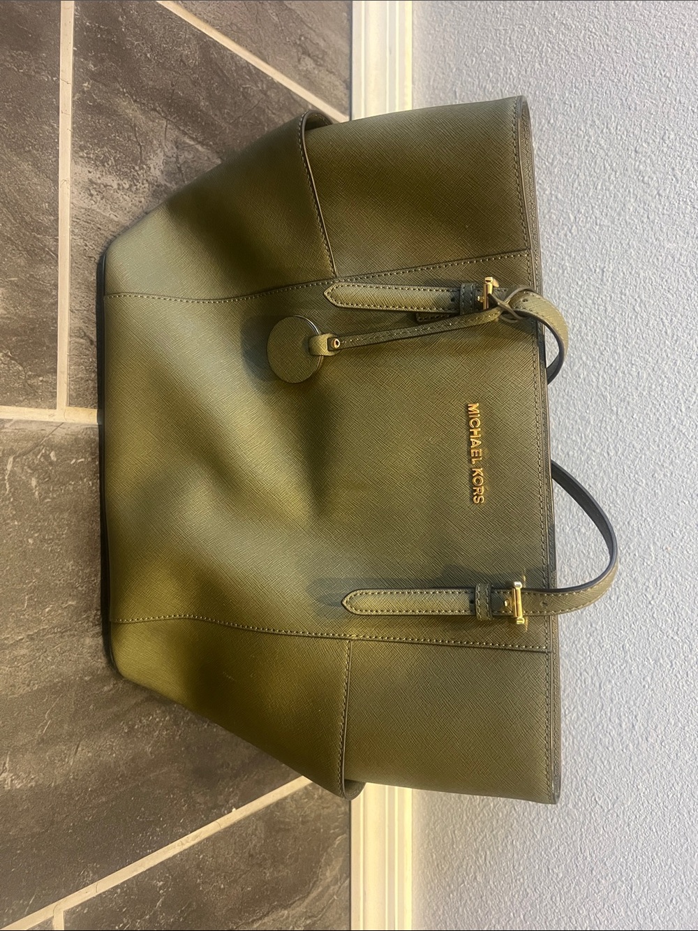 Michael Kors Olive Saffiano Leather Tote with Gold Hardware